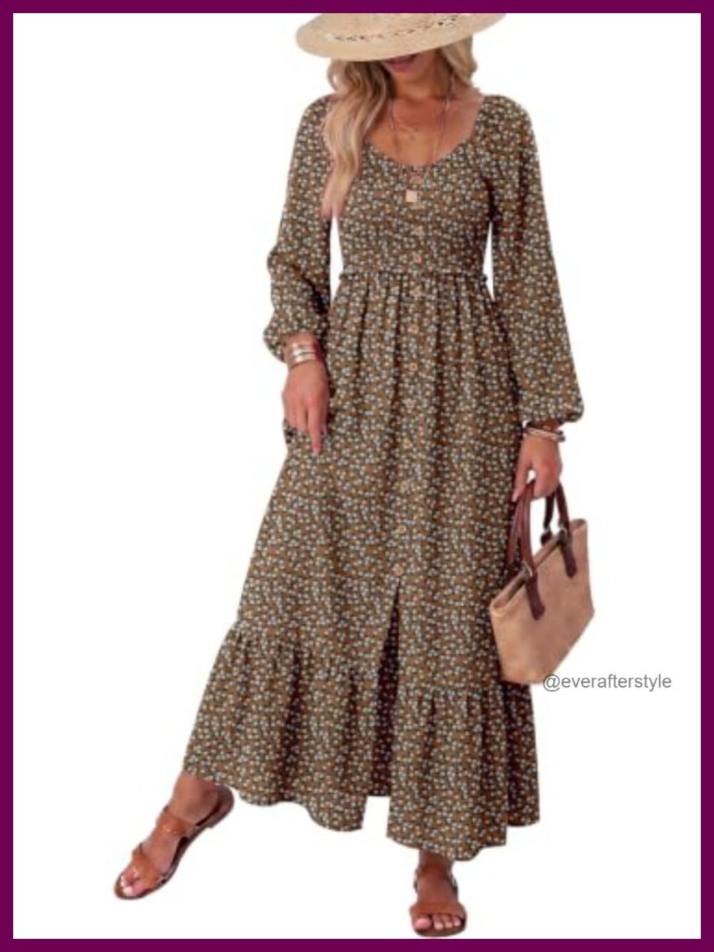 Boho Floral Smocked Maxi Dress Square Neck Long Sleeve Button